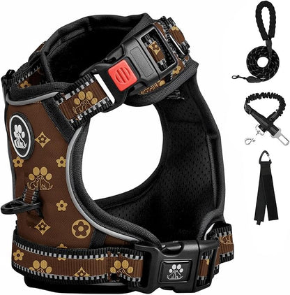FURRYFECTION Plaid Dog Harness for Small Dogs, Reflective No Pull Adjustable Pet Vest with Front Clip, Leash, Easy Control Handle and Seat Belt, Dark Brown, S