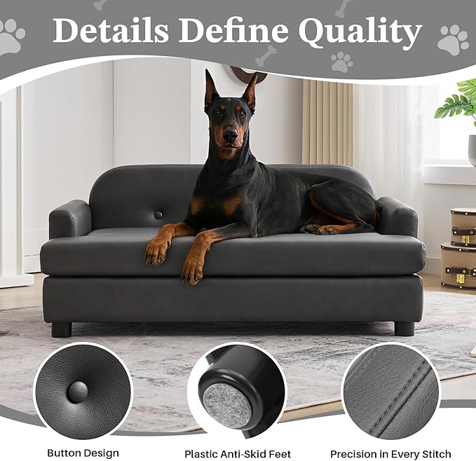 Luxury Dog Sofa Bed Elevated Pet Couch with Durable Waterproof Leather & Orthopedic Sponge - Modern Furniture Style Dog Lounge & Pet Bedside Step for Medium/Large Dogs, Gray