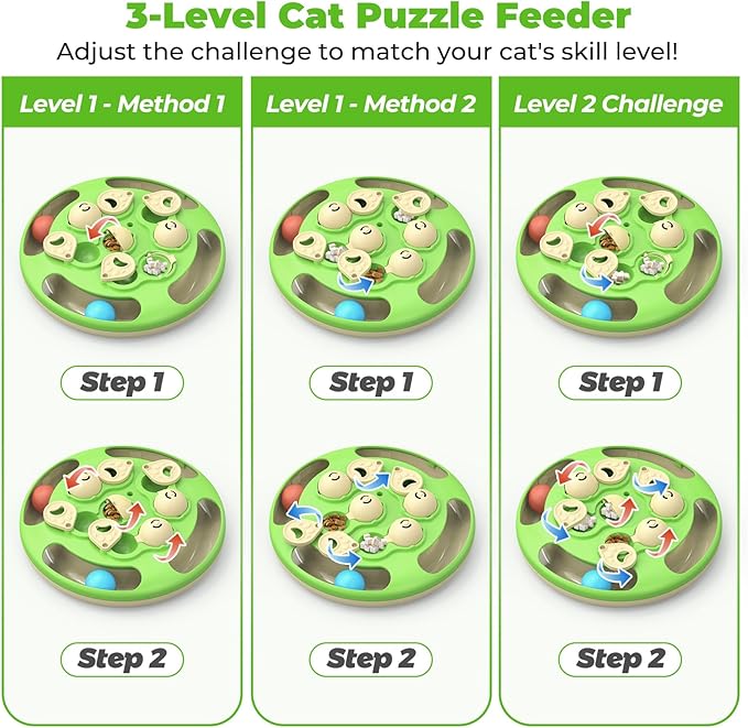 Cat Puzzle Toys Games Level 3 in 1 with Track Balls, Feather Teaser & Treat Feeder | Non-Slip Base | Mental Stimulation Enrichment for Indoor Cat, Dogs | Kitty Gift, Green