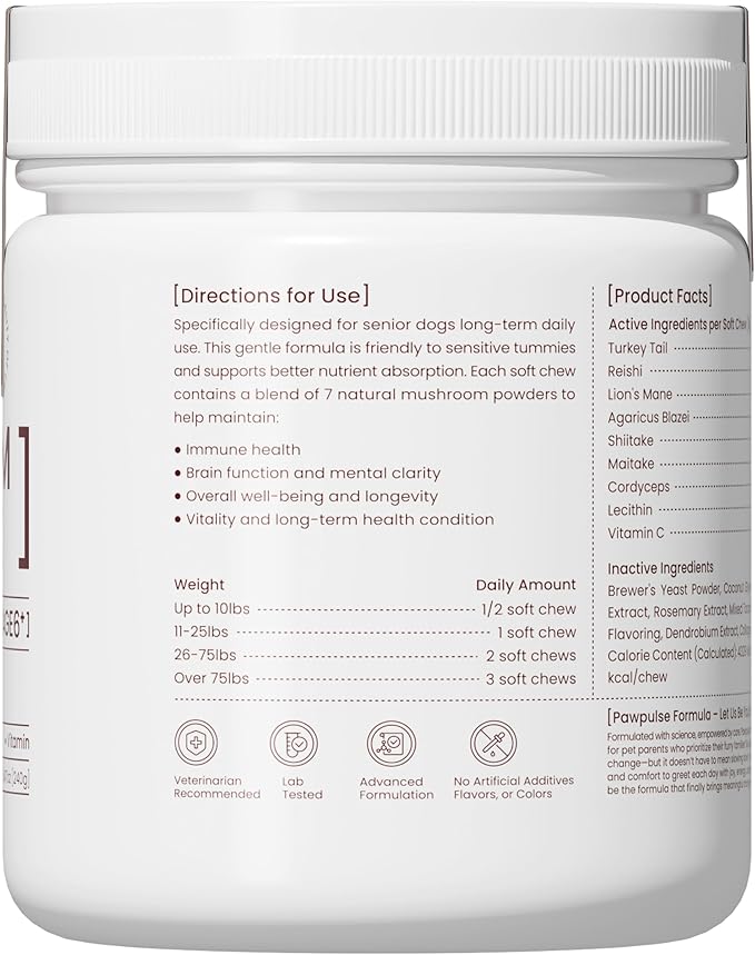 Pawpulse Formula Turkey Tail Mushroom for Dogs - Lipoma, Lumps & Bumps Defense - 7-in-1 Functional Immune Support with Reishi & Lion's Mane - Brain, Vitality, Gut Health & Longevity - 80 Soft Chews