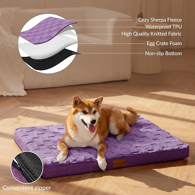 Patas Lague Orthopedic XL Dog Bed Large Sized Dog 42''X28'', Waterproof Soft Comfortable Egg Crate Foam Large Pet Beds Crate Mat with Removable Washable Cover and Nonskid Bottom, Pueple