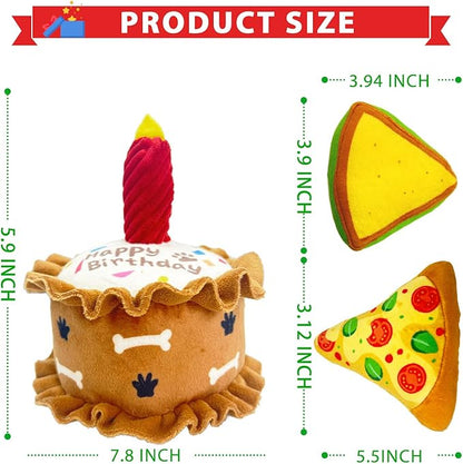 Birthday Dog Toys Crinkle Dog Toy Squeak Cake Toy Aggressive chew Toys for Puppy Sandwiches Pizza Party Dog Toy Interactive Birthday Toy with 3 Pack for Dog Birthday
