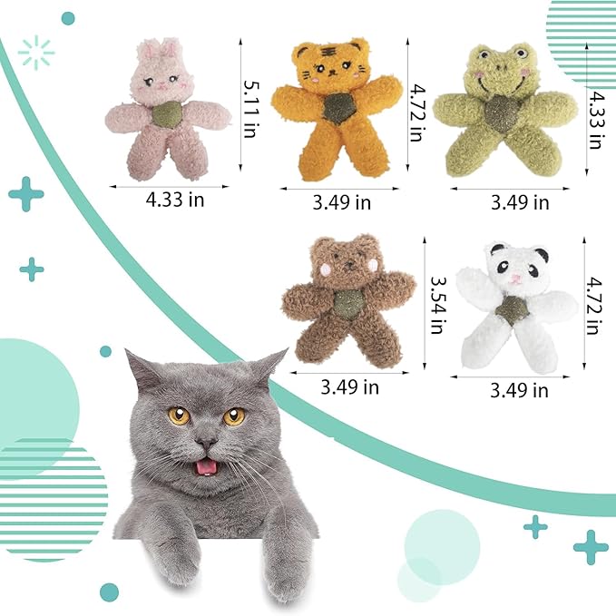 Plush Catnip Toys for Indoor Cats, Interactive Kitten Chew Toys for Teething & Dental Care, Durable Nylon Animal Shape Kicker Toy with Natural Catnip Ball for Boredom Relief (Bear)