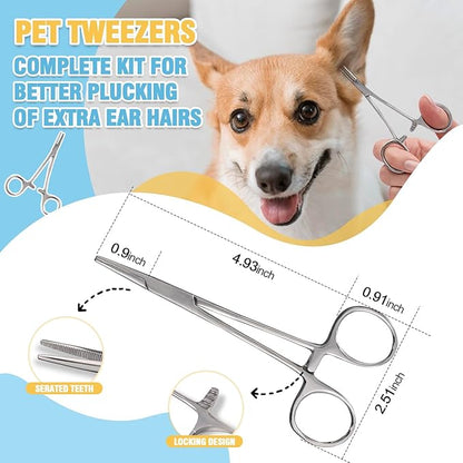 Dog Ear Care Kit - Professional Ear Powder for Hair Removal (42g) with Grooming Hemostat - Effective Solution for Smelly Ears, Wax Buildup