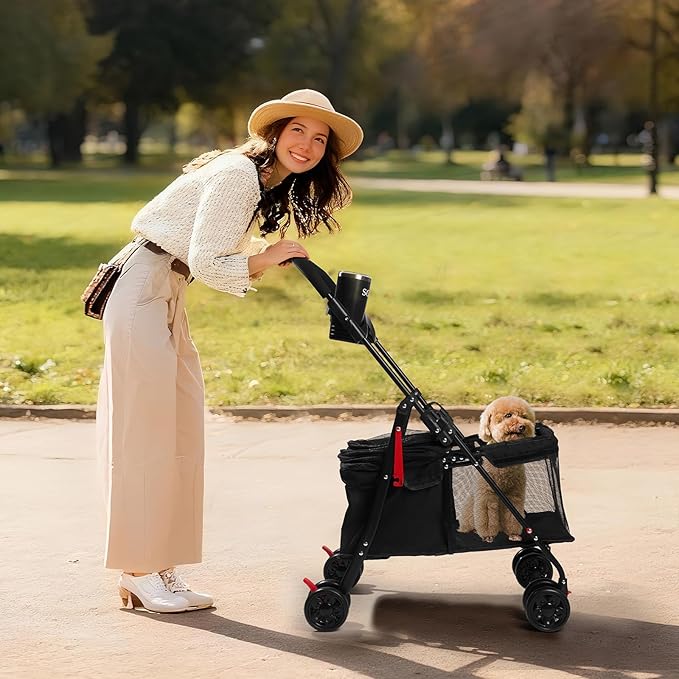Foldable Pet Stroller for Small/Medium Dogs & Cats up to 22 lbs - Lightweight 4-Wheel Design with Sun Canopy, Storage Basket & Breathable Mesh Windows（Black