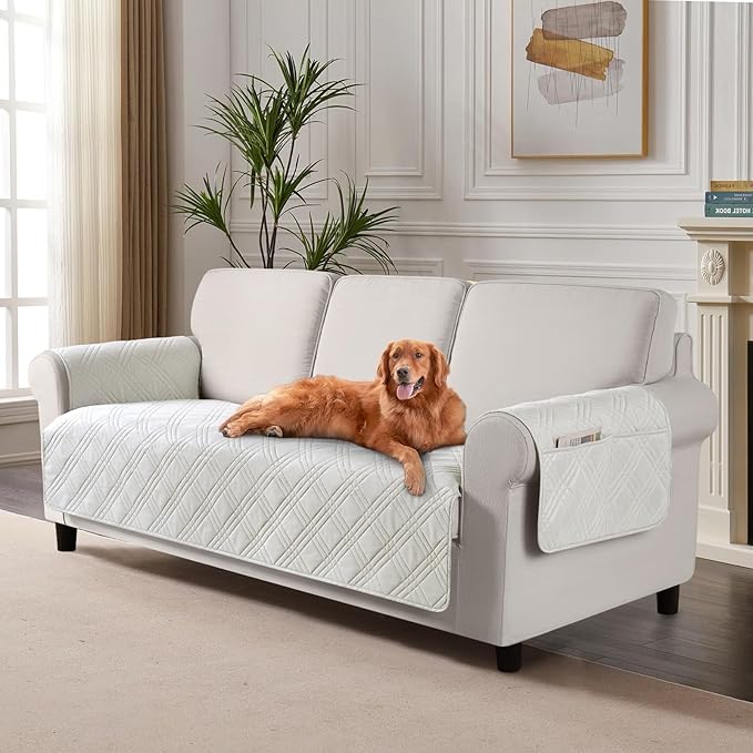 TAOCOCO Waterproof Couch Covers for Pets Dogs with Non Slip Backing, Sofa Seat Covers with Side Pocket for 3 Cushion Couch Washable Dog Couch Cover Protector Sofa Slipcovers(Sofa Plus, Off White)