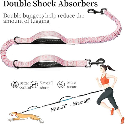 iYoShop Hands Free Dog Leash with Zipper Pouch, Dual Padded Handles and Durable Bungee for Walking, Jogging and Running Your Dog (Pink Heart, Large)