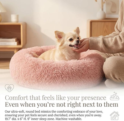 Calming Donut Dogs Beds for Small Dogs Washable,19inch Fluffy Round Puppy Bed for Puppies,Cats & Toy Breeds with Raised Rim,Fits up to 15 lbs Pets,Pink
