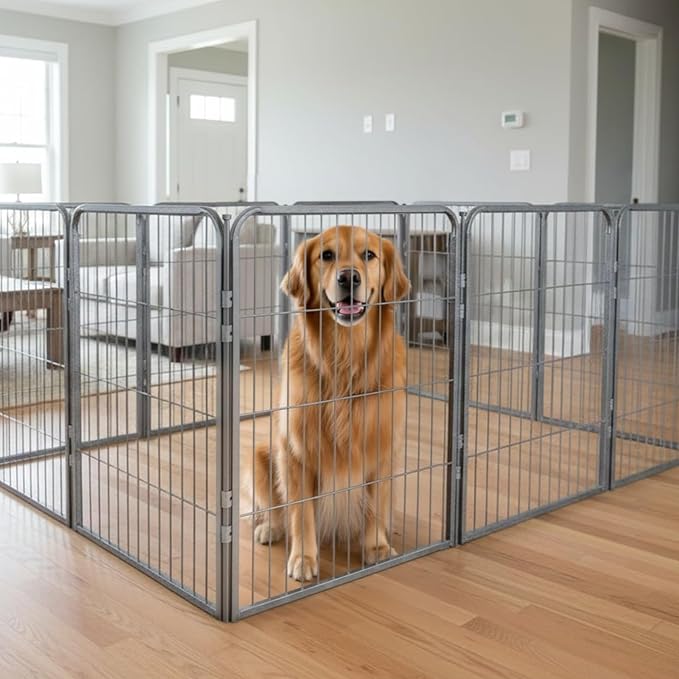 Dog Playpen - 32 inch, 8 Panel Portable Grey Metal Pet Play Pen for Small Dogs & Puppies - Indoor/Outdoor Kennel Cage | Anti-Rust - Tool Free Setup for Home, Yard, RV, or Camping