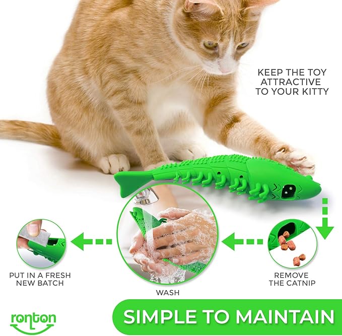 Ronton Catnip Toy - Durable Hard Rubber - Cat Dental Care, Cat Interactive Toothbrush Chew Toy (2 Pack Green & Blue (Shrimp))