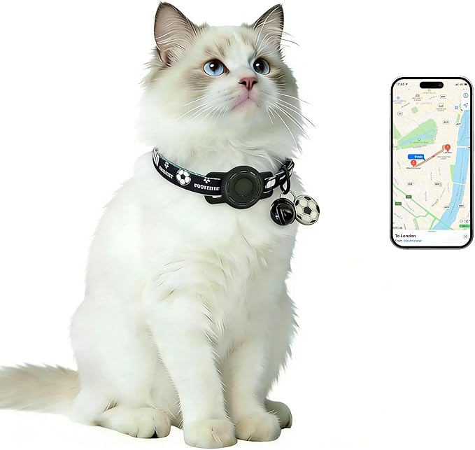 GPS Collar for Cats (Android Only) Pet Tracker, Soccer Style Smart Tag Compatible with Google Find My, Waterproof No Monthly Fee Cat Tracking Collar, Game Day Football Design for Pet Safety