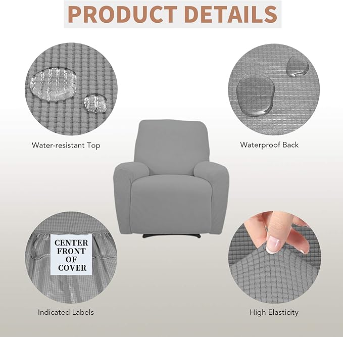Easy-Going 100% Waterproof Recliner Cover, Dual Waterproof Couch Cover for Recliner, 1- Piece Jacquard Sofa Cover, Leakproof Sofa Slipcover for Kids, Pets, Dog and Cat (Recliner, Light Gray) 1 Seat