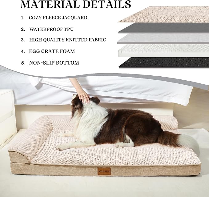Orthopedic Dog Bed Large Sized Dog 36''X24'', Waterproof L Bolster Egg Crate Foam Pet Crate Beds with Washable Removable Cover, Non-Slip Soft Pet Couch Sleep Mat, Ivory