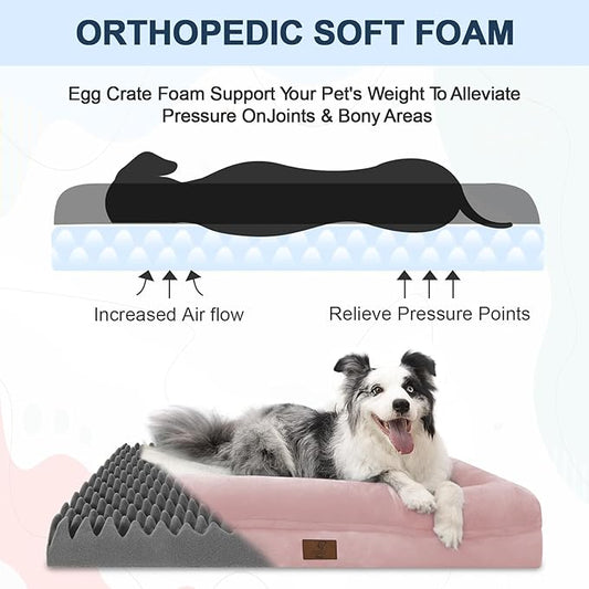 Large Orthopedic Dog Bed, Waterproof Dog Bed with Removable Cover, 4-Sides Removable Bolster Soft Pet Sofa with Egg Crate Foam Non-Slip Bottom, Pink