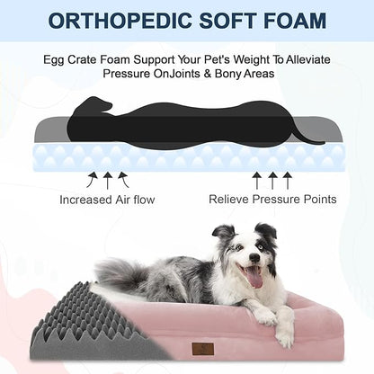 XL Orthopedic Dog Bed for Large Dogs, Washable Dog Bed with 4-Sides Removable Bolster, Waterproof Pet Sofa with Non-Slip Bottom for Extra Large Dogs, Pink