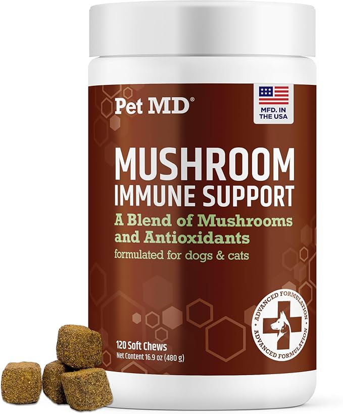Pet MD Mushroom Immune Support for Dogs & Cats - Turkey Tail Mushroom Immune Support Supplement - Milk Thistle with CoQ10 for Dogs & Cats - Immunity Supplement for Pets - 120 Chews