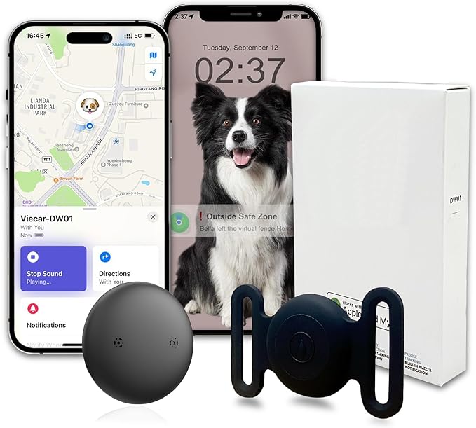 GPS Tracker for Dogs, Mini GPS Cat Tracker, IPX8 Waterproof GPS Trackers for Cats with Holder, No Monthly Fee, Work with Apple Find My(iOS Only), Smart Trackers for Dogs-Black-2