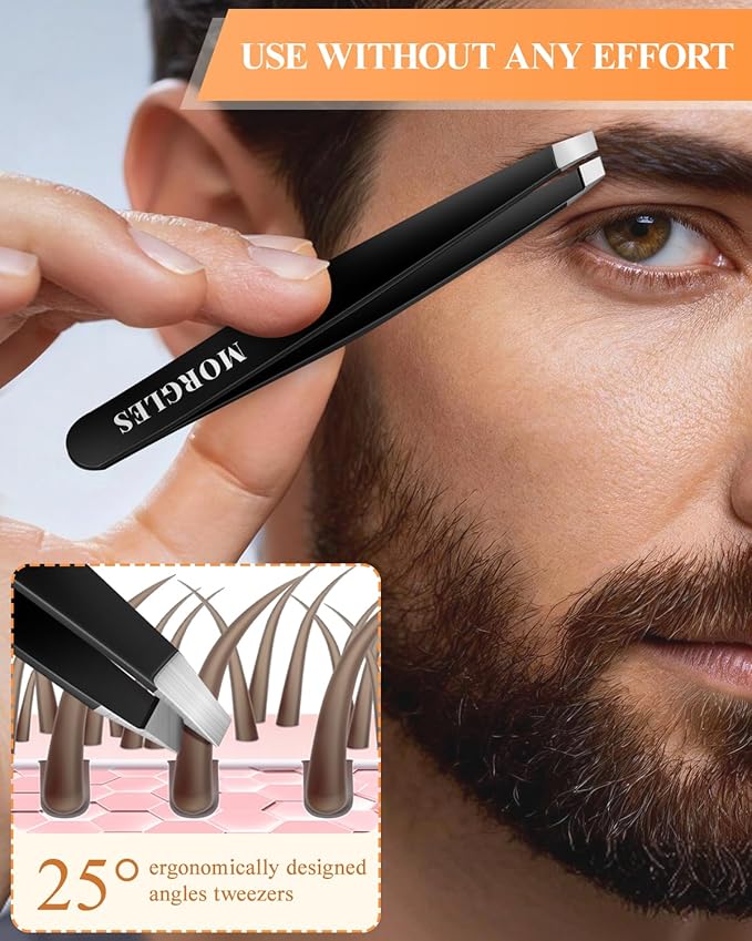 MORGLES Tweezers Set for Men, 10 in 1 Professional Eyebrow Tweezers Kit with Razor, Scissors and Blackhead Remover Tools with Travel Bag, Grooming Beauty Set (Black)
