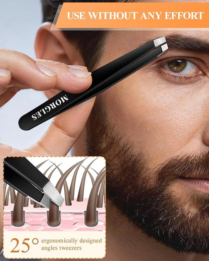 MORGLES Tweezers Set for Men, 10 in 1 Professional Eyebrow Tweezers Kit with Razor, Scissors and Blackhead Remover Tools with Travel Bag, Grooming Beauty Set (Black)