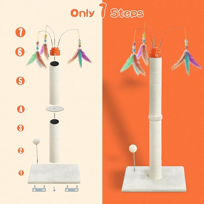 YARUOMY Cat Scratching Post ，33.4" Sisal Rope Cat Scratcher Tall Scratching Post for Indoor Cats with Interactive Cat Toys Automatic Teaser Wand and Rotating Hanging Balls