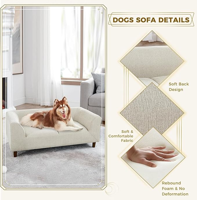 Dog Sofa Bed for Medium Dogs with Backrest and Armrest, Memory Foam Dog Sofa Couch, Modern Elevated Pet Couch Bed with Wooden Legs, Beige