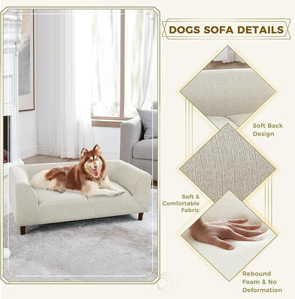 Dog Sofa Bed for Medium Dogs with Backrest and Armrest, Memory Foam Dog Sofa Couch, Modern Elevated Pet Couch Bed with Wooden Legs, Beige