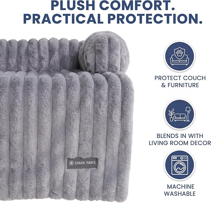 Spark Paws Luxury Dog Couch Cover Bed, Calming Pet Furniture Protector for Large & Small Dogs, Washable Bolster Dog Bed for Couch, Sofa & Bed - Grey, Small