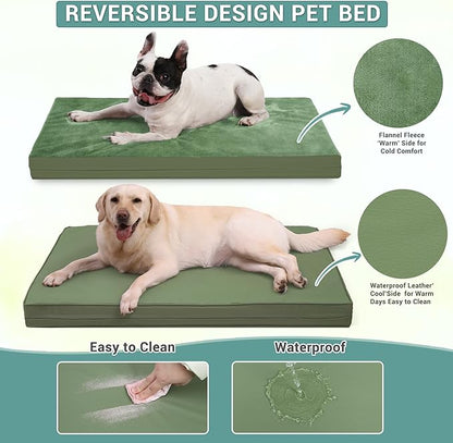 Outdoor Waterproof Dog Beds Large Sized Dog Washable, XL Leather Crate Pad 42 inch, Extra Large Orthopedic Foam Pet Bed with Removable Cover Reversible, Anti-Slip Kennel Pad, 41"x27", Green
