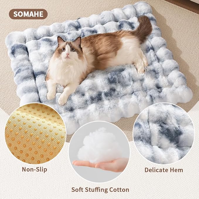 Cat Bed, Plush Faux Fur Kneading Flat Mat - Machine Washable Fluffy Pet Bed for Indoor Cats, Non-Slip Small Kitten Bed, Therapeutic Knead Cat Mat for Couch & Window Sill, 23"×15" Inch, Blue