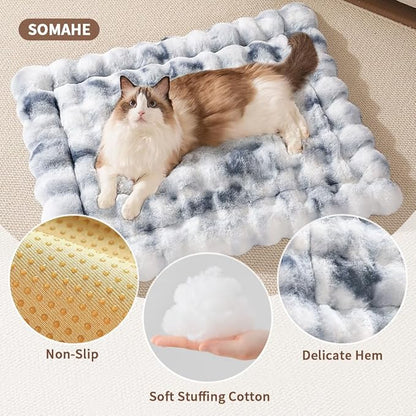 Cat Bed, Plush Faux Fur Kneading Flat Mat - Machine Washable Fluffy Pet Bed for Indoor Cats, Non-Slip Small Kitten Bed, Therapeutic Knead Cat Mat for Couch & Window Sill, 23"×15" Inch, Blue