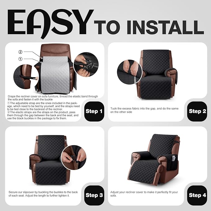 KinCam 100% Waterproof Recliner Chair Cover, Reclining Couch Covers for Pets, Dogs, Recliner Couch Slipcover Furniture Protector with Elastic Straps for Kids(28", Black)