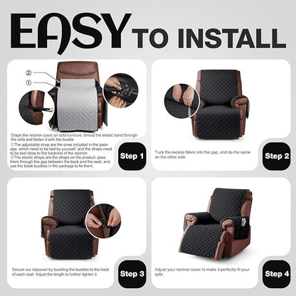 KinCam 100% Waterproof Recliner Chair Cover, Reclining Couch Covers for Pets, Dogs, Recliner Couch Slipcover Furniture Protector with Elastic Straps for Kids(28", Black)
