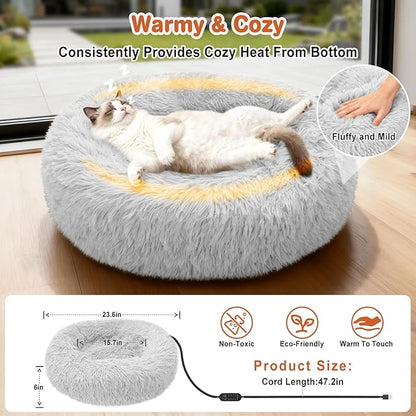 Heated Cat Beds for Indoor Cats and Small Dogs, 24'' Heated Pet Bed with Timer and Temp Adjustable, Cozy Fluffy Round Calming Pet Beds Removable Washable Cover USB Electric Warm Cat Bed- Light Gray