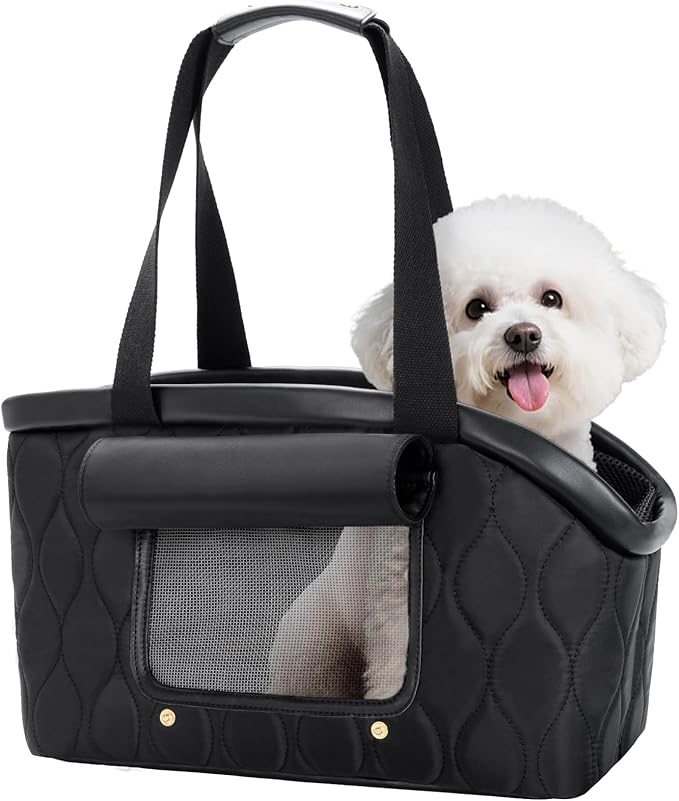 Dog Purse Carrier for Small Dogs Cats, Lightweight Luxury Pet Bag with Pocket for Puppy Kitten, Soft-Sided Travel Dog Bag Tote Up to 10 lbs,TSA Airline Approved (Black, 14.17'' L x 7.09''W x 8.66''H)