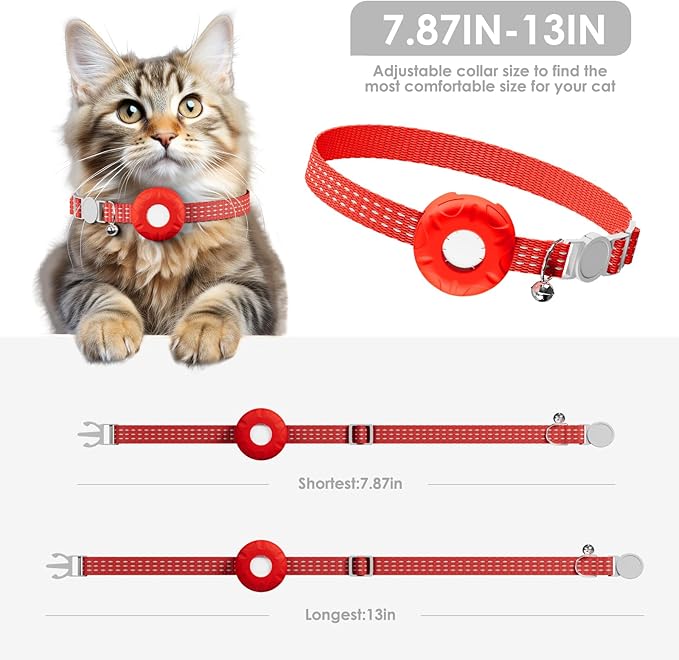 Cat Tracker, GPS Tracker Compatible with Apple Find My App(Only iOS), Waterproof Cat Tracker Collar with Bell and Safety Elastic Buckle, No Monthly Fee, Territory & Location History (Red)
