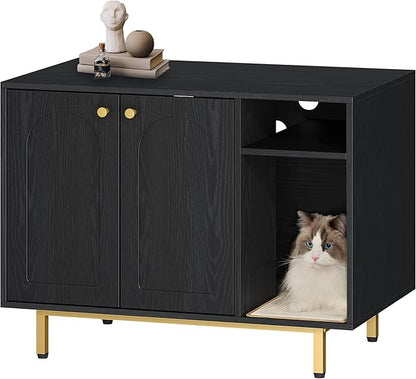 Hzuaneri Cat Litter Box Enclosure Enclosed, Hidden Litter Box Cabinet Furniture with Storage, Wooden Indoor Cat House Large, Modern End Table for Living Room Entryway, Black and Gold CB01504G