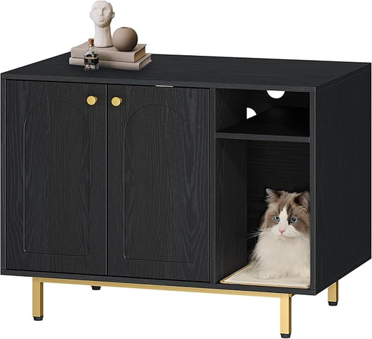 Hzuaneri Cat Litter Box Enclosure Enclosed, Hidden Litter Box Cabinet Furniture with Storage, Wooden Indoor Cat House Large, Modern End Table for Living Room Entryway, Black and Gold CB01504G