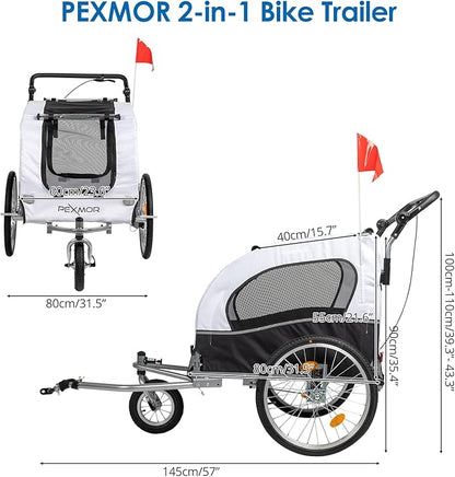 PEXMOR 2-in-1 Dog Bike Trailer & Stroller, Universal Hitch, Pet Cart Bike Wagon Cargo Carrier with Shock Absorber & Universal Wheel