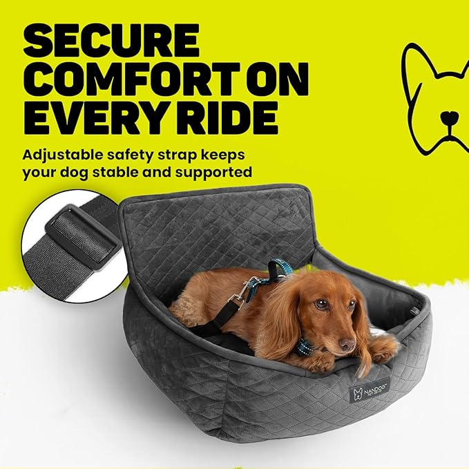 Nandog Pet Gear Luxury Dog Car Seat Bed w/Removable & Washable Pad Insert & Thick Car Seatbelt Straps - Secure, Comfortable, Easy-to-Clean Pet Carrier (Dark Grey, 18" L x 16" W in)