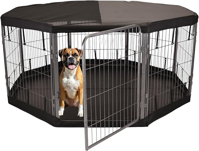 Dog Playpen w/Octagon Bottom Pad & Top Cover - 32 inch, 8 Panel Portable Grey Metal Pet Play Pen for Small & Medium Dogs - Indoor/Outdoor Kennel Cage for Home, Yard, RV, or Camping