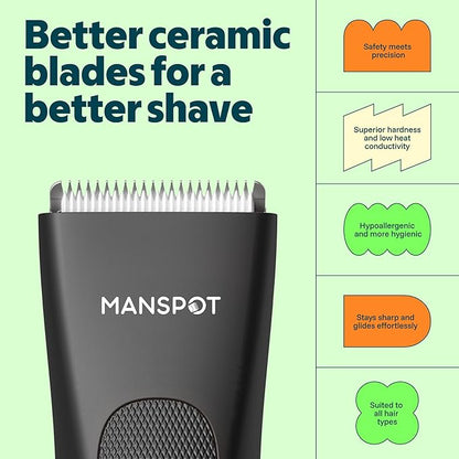 MANSPOT Manscape Groin & Body Hair Trimmer for Men, Electric Ball Pubic Trimmer Shaver,Manscape Kit with 4 Guard,Replaceable Ceramic Blade Heads,Waterproof Wet/Dry Shaver,90 Minutes Shaving