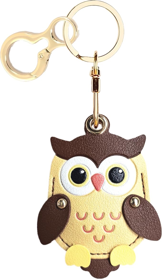 Leather Keychain Holder Case Compatible with AirTag,Cute Protective Cover with Keyring,Anti-Scratch Finder GPS Tracker Case for Wallet Keys,bag,pets,Backpack(Owl Brown)