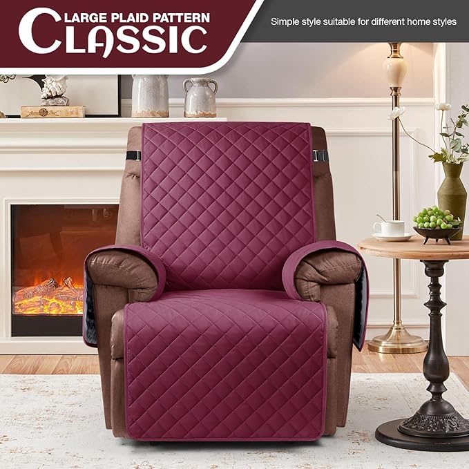 KinCam 100% Waterproof Recliner Chair Cover, Reclining Couch Covers for Pets, Dogs, Recliner Couch Slipcover Furniture Protector with Elastic Straps for Kids(30", Burgundy)