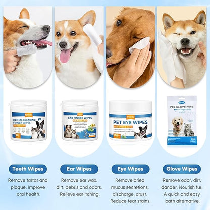 Pjordo Dog Wipes Cleaning Deodorizing, Grooming Wipes & Paw Cleaner, Pet Cleaning Kit for Teeth, Ears, Eyes, Paw, Body, Ear Rinse, Essential Dog Supplies Set