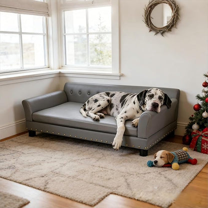 BingoPaw Large Leather Dog Sofa: Jumbo Pet Couch Made by Scratching Resistant Microfiber Leather - Indoor Elevated Dogs Chaise Bed for Doggy up to 120lbs
