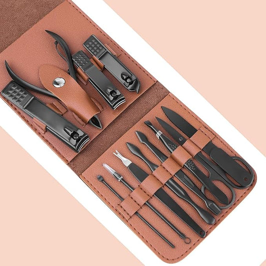 Teamkio 12pcs Manicure Set Pedicure Nail Clippers Set Travel Hygiene Kit Stainless Steel Professional Cutter Care Set Scissor Tweezers Knife Ear Pick Tools Grooming Kits with Leather Case