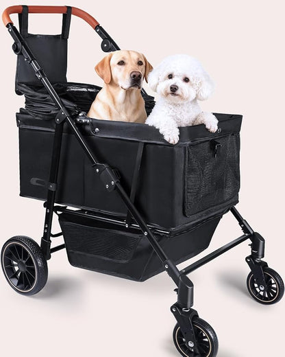 Dog Stroller for Large & Medium Dogs, Pet Stroller for 2 Small Dogs, Extra Large Heavy Duty, Foldable Design, Adjustable Handle, with Pocket, Up to 132 lbs(Drak Black)
