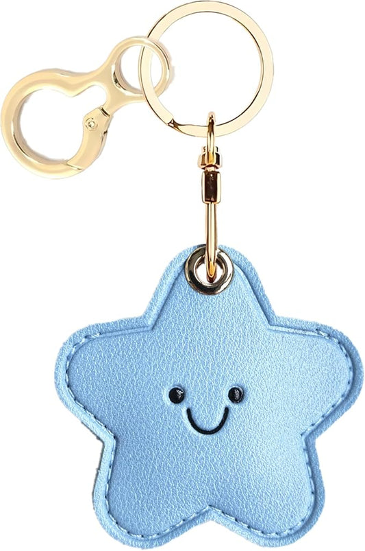 Leather Keychain Holder Case Compatible with AirTag,Cute Protective Cover with Keyring,Anti-Scratch Finder GPS Tracker Case for Wallet Keys,bag,pets,Backpack(Blue Star)