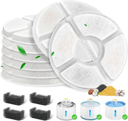 12 Pack Cat Water Fountain Filter, 8 Pcs Cat Fountain Filters Replacement Dia is 5" & 4 Pcs Pre-Filter Sponges for 81oz / 2.4L Round Automatic Pet Water Fountain Dog Dispenser, 3-Filtration System