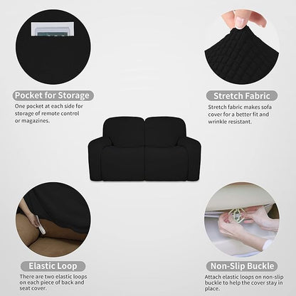 Easy-Going 100% Dual Waterproof Recliner Loveseat Cover, 6-Pieces Stretch Relining Sofa Cover with Pocket, Jacquard 2 Seat Sofa Slipcover Leakproof Washable (Loveseat, Black)